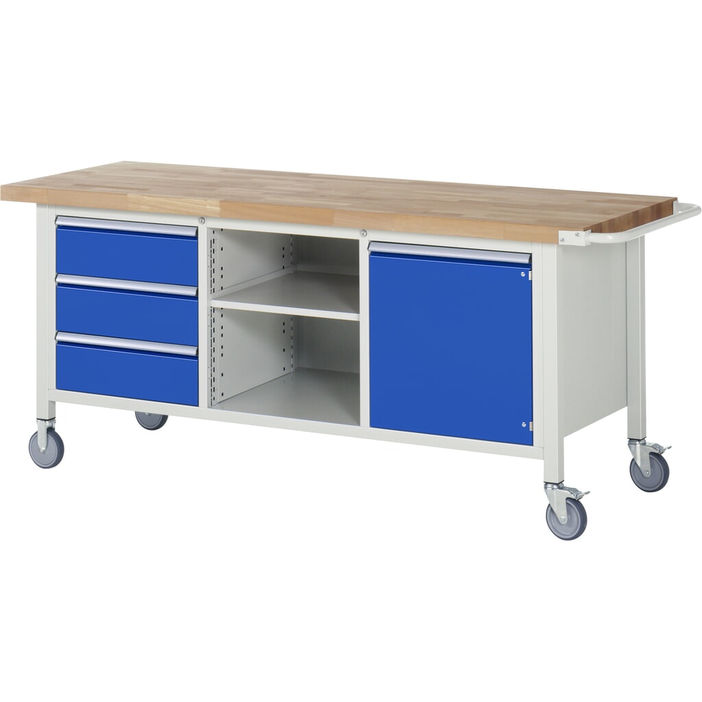 RAU mobile Werkbank Serie 8000, 1 Dreifach-Container, 1 Fachboden, 1 Flügeltür, HxBxT 880-1.080 x 2.000 x 700 mm, 3 x 90%-Auszug-Schubladen Produktabbildung Nr. 1: RAU mobile Werkbank Serie 8000, 1 Dreifach-Container, 1 Fachboden, 1 Flügeltür, HxBxT 880-1.080 x 2.000 x 700 mm, 3 x 90%-Auszug-Schubladen