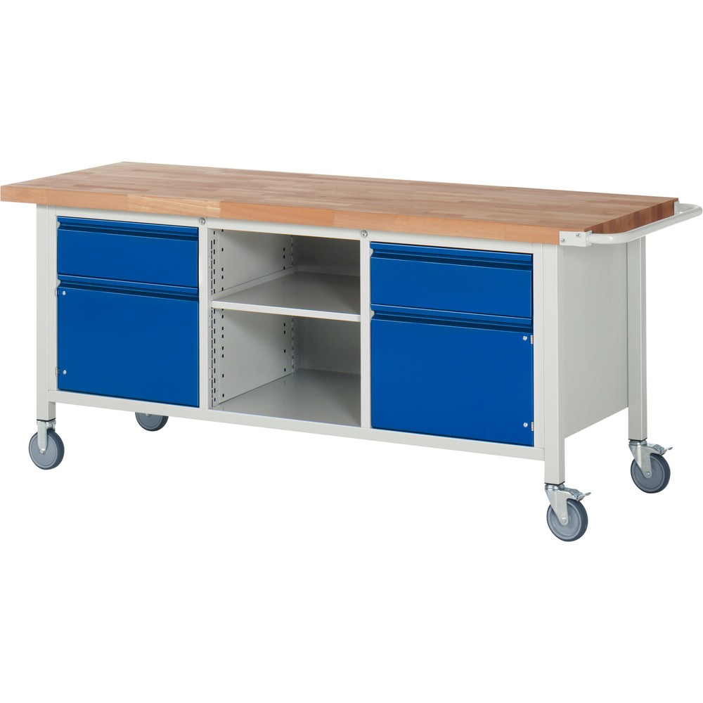 Produktabbildung Nr. 1: RAU mobile Werkbank Serie 8000, 1 Dreifach-Container, 1 Fachboden, 2 Flügeltüren, HxBxT 880 x 2.000 x 700 mm, 2 x 90%-Auszug-Schubladen, integrierte Griffleiste