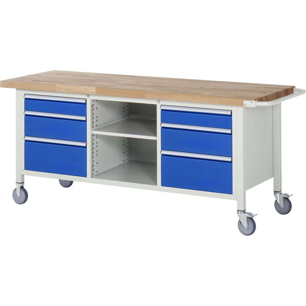 RAU mobile Werkbank Serie 8000, 1 Dreifach-Container, 1 Fachboden, HxBxT 880-1.080 x 2.000 x 700 mm, 6 x 90%-Auszug-Schubladen Produktabbildung: RAU mobile Werkbank Serie 8000, 1 Dreifach-Container, 1 Fachboden, HxBxT 880-1.080 x 2.000 x 700 mm, 6 x 90%-Auszug-Schubladen