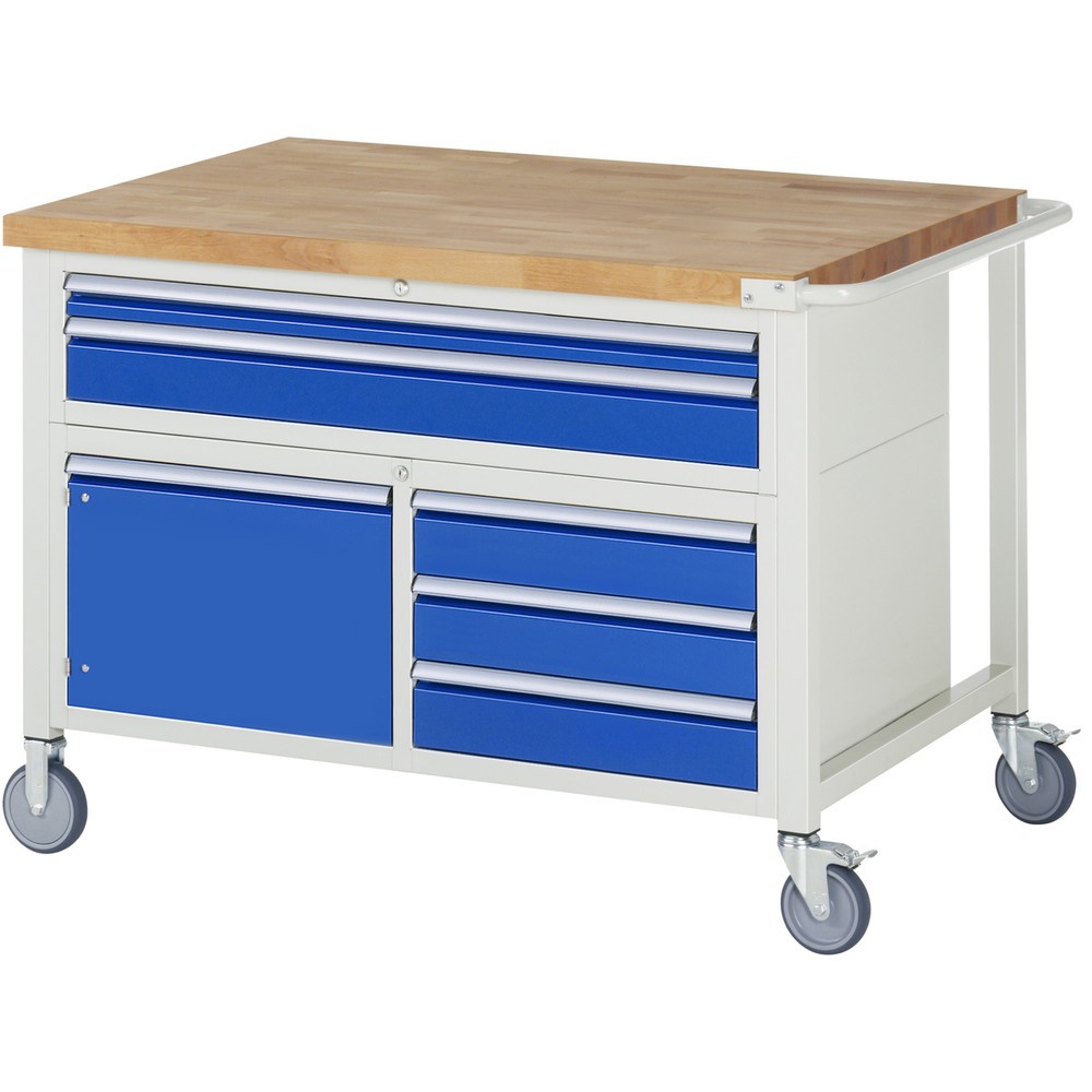 Produktabbildung: RAU mobile Werkbank Serie 8000, 1 Dreifach-Container, 1 Flügeltür, HxBxT 920 x 1.250 x 900 mm, 5 x 90%-Auszug-Schubladen