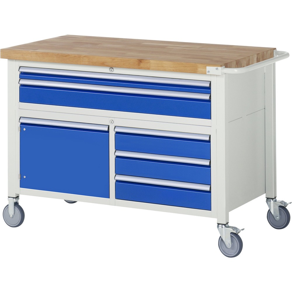 Produktabbildung: RAU mobile Werkbank Serie 8000, 1 Dreifach-Container, 1 Flügeltür, HxBxT 920 x 1.250 x 700 mm, 5 x 90%-Auszug-Schubladen