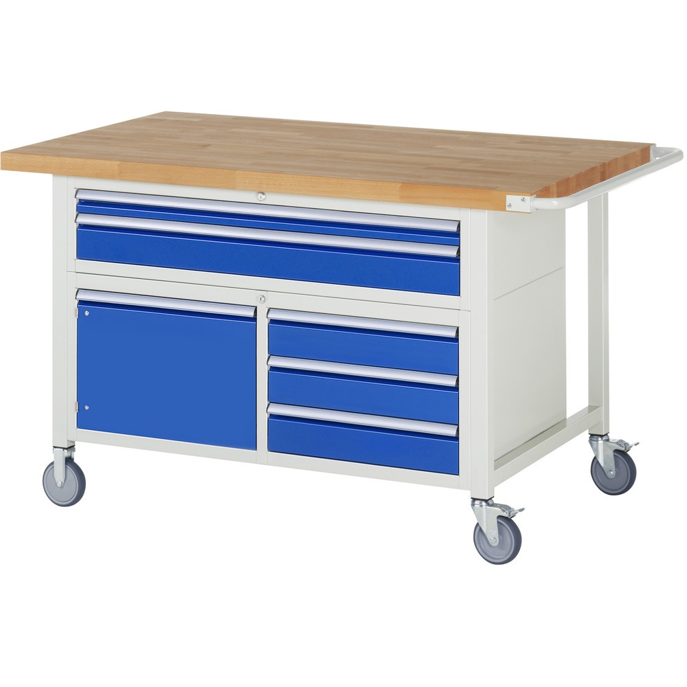 Produktabbildung: RAU mobile Werkbank Serie 8000, 1 Dreifach-Container, 1 Flügeltür, HxBxT 920 x 1.500 x 900 mm, 5 x 90%-Auszug-Schubladen