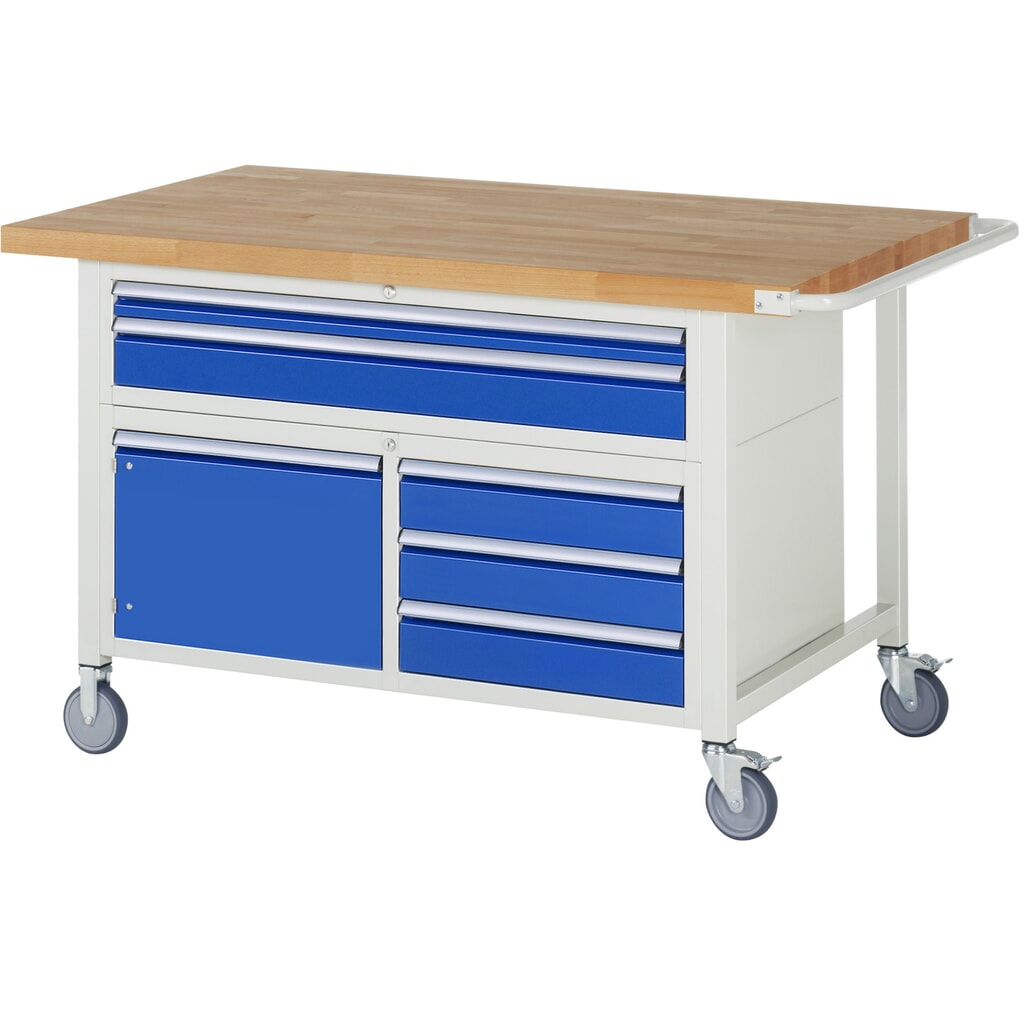 RAU mobile Werkbank Serie 8000, 1 Dreifach-Container, 1 Flügeltür, HxBxT 920 x 1.500 x 900 mm, 5 x 90%-Auszug-Schubladen Produktabbildung: RAU mobile Werkbank Serie 8000, 1 Dreifach-Container, 1 Flügeltür, HxBxT 920 x 1.500 x 900 mm, 5 x 90%-Auszug-Schubladen