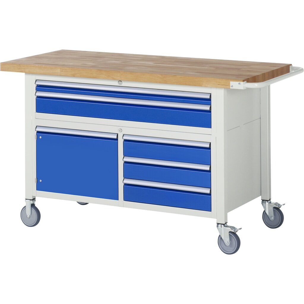 Produktabbildung: RAU mobile Werkbank Serie 8000, 1 Dreifach-Container, 1 Flügeltür, HxBxT 920-1.120 x 1.500 x 700 mm, 5 x 90%-Auszug-Schubladen