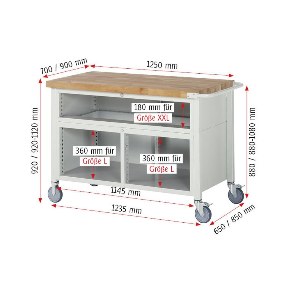 Produktabbildung Nr. 5: RAU mobile Werkbank Serie 8000, 1 Dreifach-Container, HxBxT 920-1.120 x 1.250 x 700 mm, 7 x 90%-Auszug-Schubladen