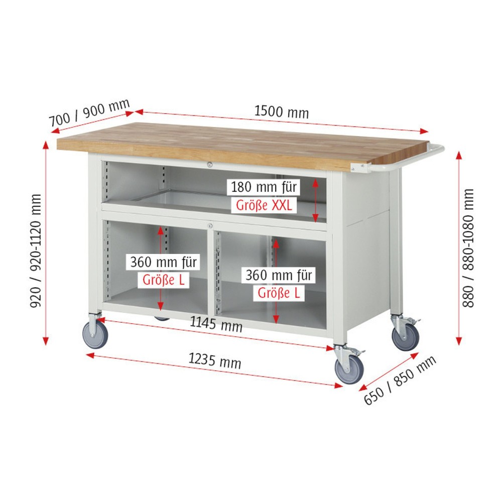 Produktabbildung Nr. 5: RAU mobile Werkbank Serie 8000, 1 Dreifach-Container, HxBxT 920-1.120 x 1.500 x 700 mm, 7 x 90%-Auszug-Schubladen
