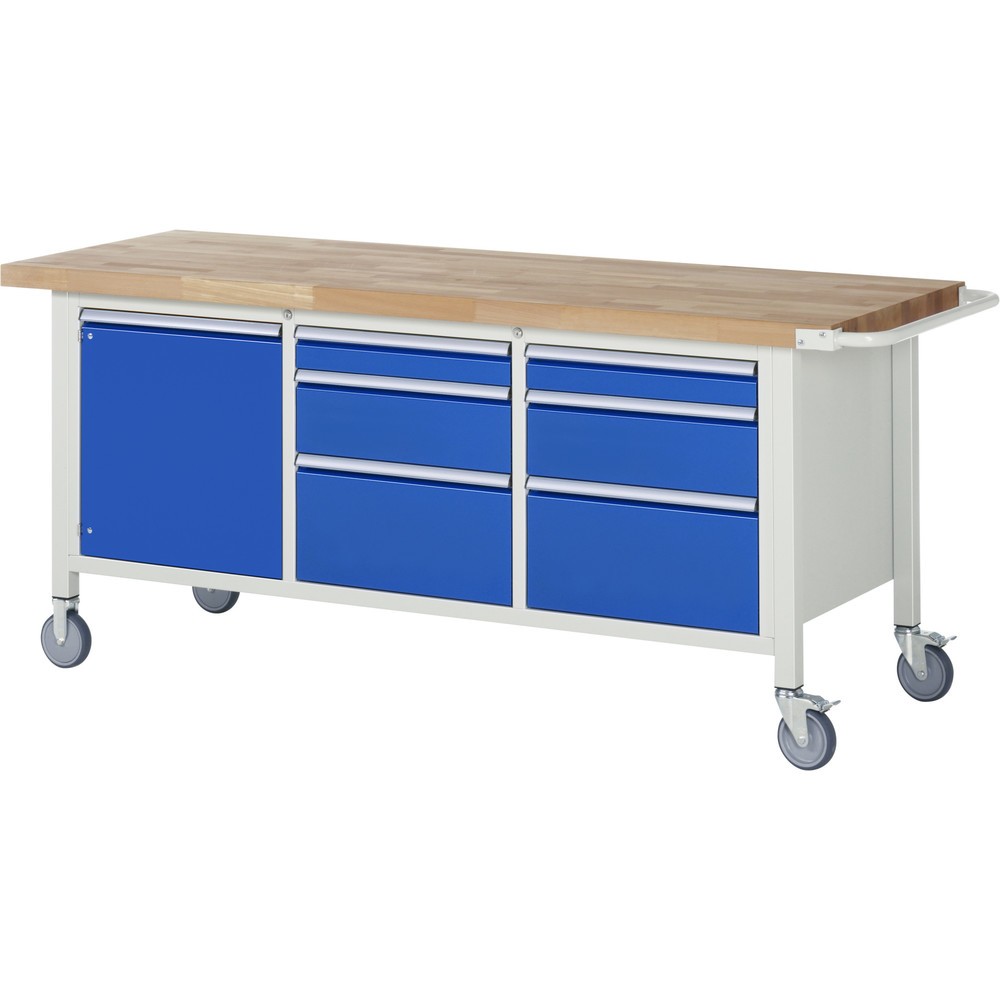 Produktabbildung: RAU mobile Werkbank Serie 8000, 1 Dreifach-Container, 1 Flügeltür, HxBxT 880 x 2.000 x 700 mm, 6 x 90%-Auszug-Schubladen