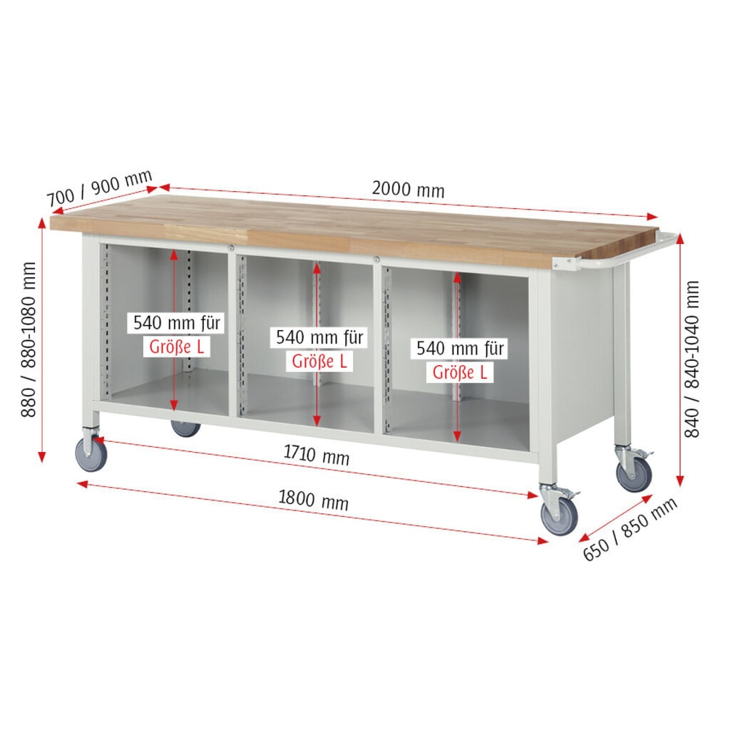 RAU mobile Werkbank Serie 8000, 1 Dreifach-Container, 2 Fachböden, HxBxT 880-1.080 x 2.000 x 700 mm, 4 x 90%-Auszug-Schubladen Produktabbildung Nr. 7: RAU mobile Werkbank Serie 8000, 1 Dreifach-Container, 2 Fachböden, HxBxT 880-1.080 x 2.000 x 700 mm, 4 x 90%-Auszug-Schubladen