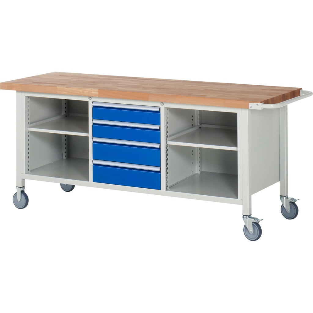 Produktabbildung Nr. 1: RAU mobile Werkbank Serie 8000, 1 Dreifach-Container, 2 Fachböden, HxBxT 880-1.080 x 2.000 x 700 mm, 4 x 90%-Auszug-Schubladen