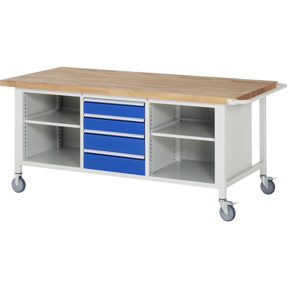 Produktabbildung Nr. 1: RAU mobile Werkbank Serie 8000, 1 Dreifach-Container, 2 Fachböden, HxBxT 880 x 2.000 x 900 mm, 4 x 90%-Auszug-Schubladen
