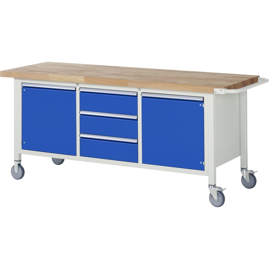 RAU mobile Werkbank Serie 8000, 1 Dreifach-Container, 2 Flügeltüren, HxBxT 880-1.080 x 2.000 x 700 mm, 3 x 90%-Auszug-Schubladen Produktabbildung Nr. 1: RAU mobile Werkbank Serie 8000, 1 Dreifach-Container, 2 Flügeltüren, HxBxT 880-1.080 x 2.000 x 700 mm, 3 x 90%-Auszug-Schubladen