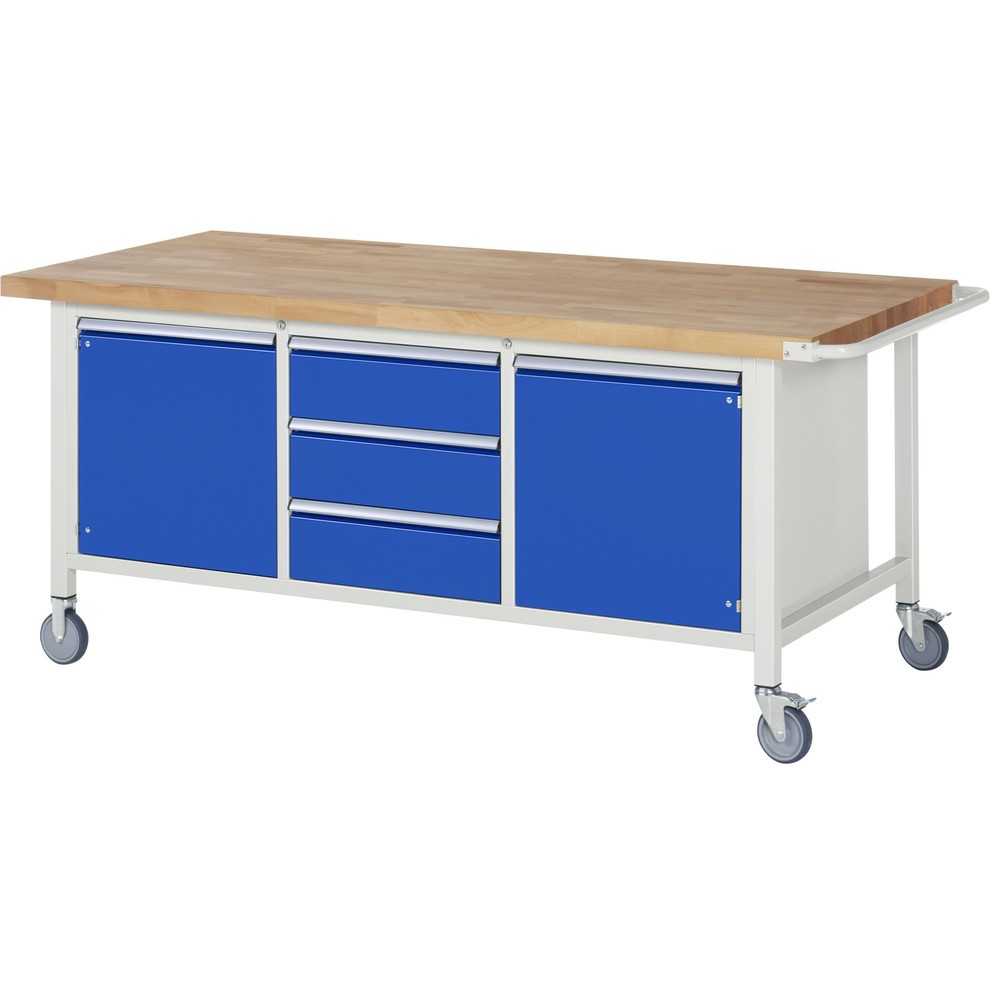 Produktabbildung: RAU mobile Werkbank Serie 8000, 1 Dreifach-Container, 2 Flügeltüren, HxBxT 880 x 2.000 x 900 mm, 3 x 90%-Auszug-Schubladen, ErgoScript