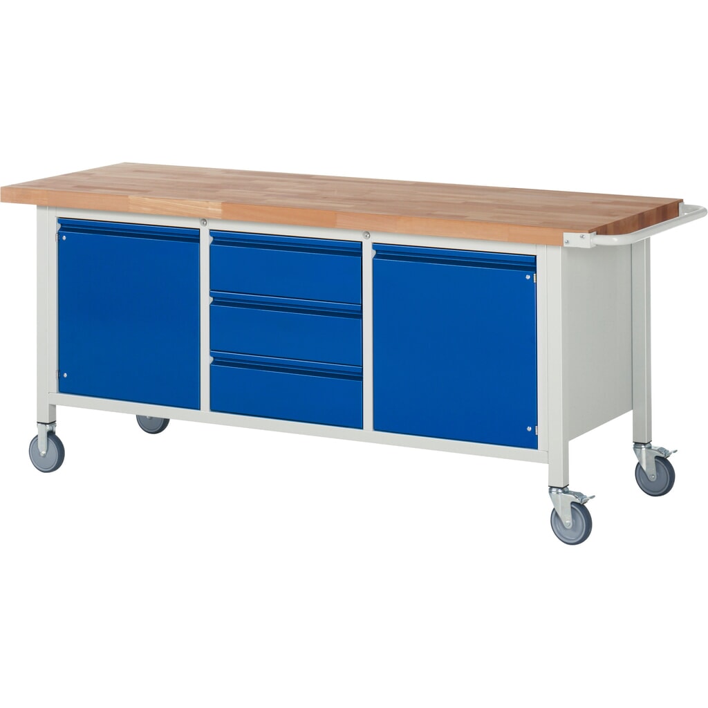 Produktabbildung: RAU mobile Werkbank Serie 8000, 1 Dreifach-Container, 2 Flügeltüren, HxBxT 880 x 2.000 x 700 mm, 3 x 90%-Auszug-Schubladen, integrierte Griffleiste