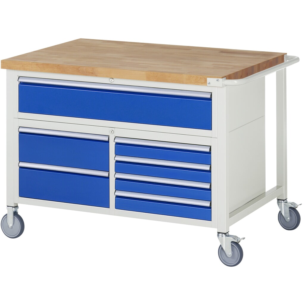 RAU mobile Werkbank Serie 8000, 1 Dreifach-Container, HxBxT 880-1.080 x 1.250 x 900 mm, 7 Schubladen Produktabbildung: RAU mobile Werkbank Serie 8000, 1 Dreifach-Container, HxBxT 880-1.080 x 1.250 x 900 mm, 7 Schubladen