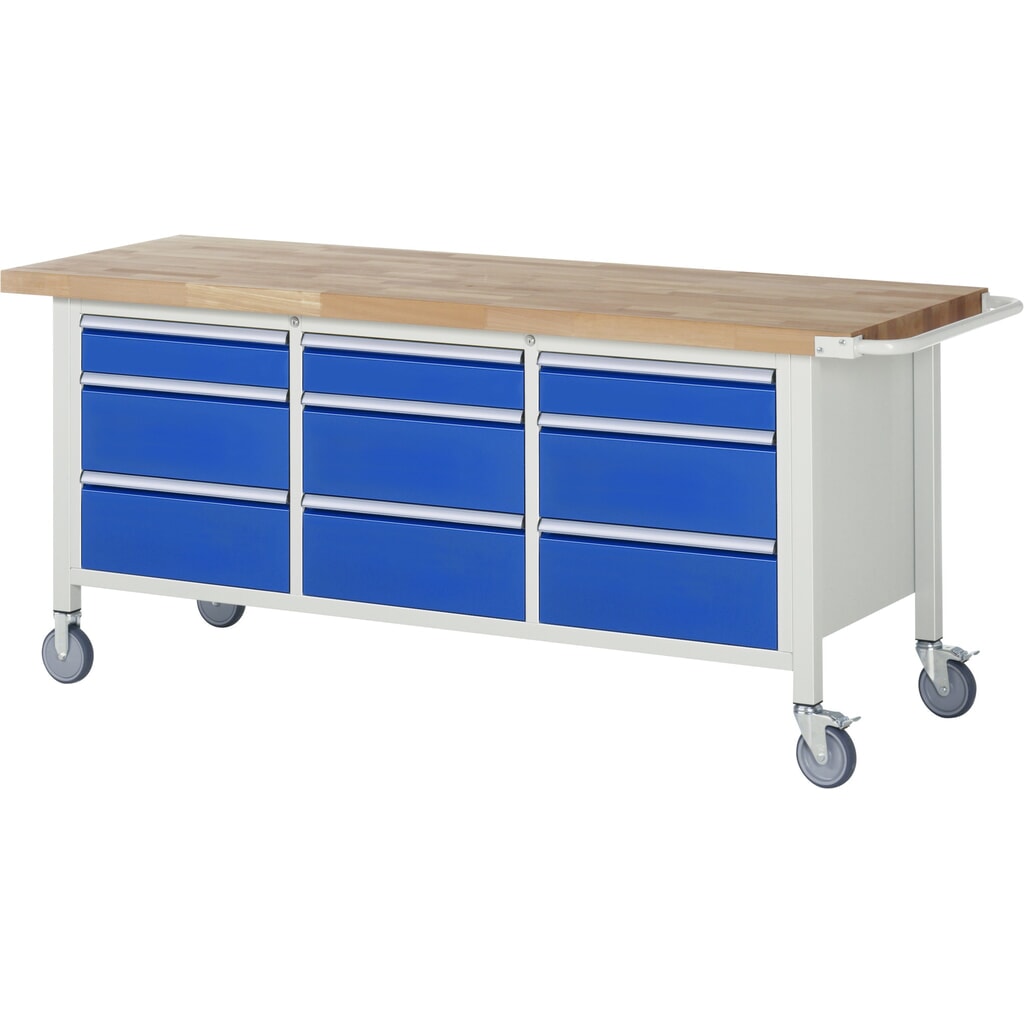 Produktabbildung: RAU mobile Werkbank Serie 8000, 1 Dreifach-Container, HxBxT 880-1.080 x 2.000 x 700 mm, 9 x 90%-Auszug-Schubladen