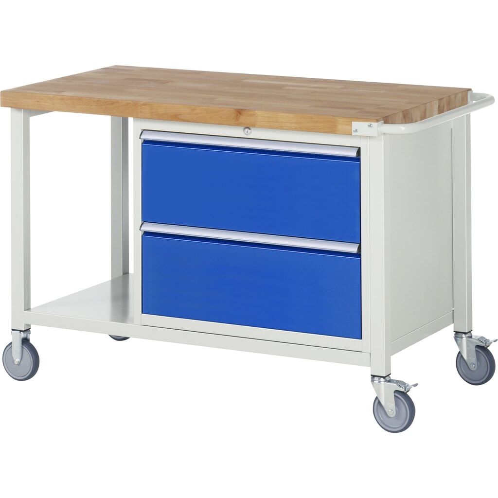 RAU mobile Werkbank Serie 8000, 1 Ablageboden, HxBxT 880-1.080 x 1.250 x 700 mm, 2 x 90%-Auszug-Schubladen Produktabbildung: RAU mobile Werkbank Serie 8000, 1 Ablageboden, HxBxT 880-1.080 x 1.250 x 700 mm, 2 x 90%-Auszug-Schubladen