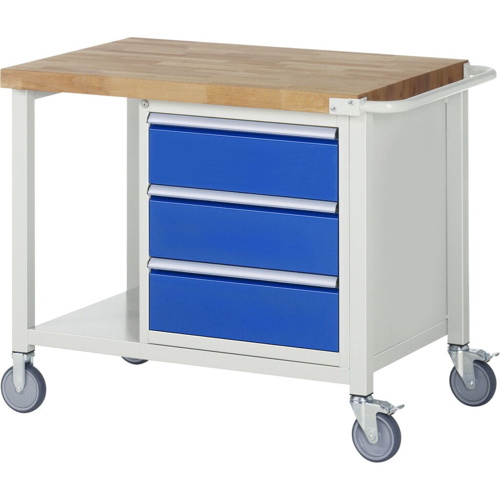 Produktabbildung: RAU mobile Werkbank Serie 8000, 1 Ablageboden, HxBxT 880-1.080 x 1.000 x 700 mm, 3 x 100%-Auszug-Schubladen, Breite 490 mm