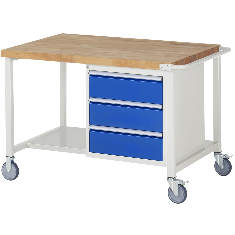 Produktabbildung: RAU mobile Werkbank Serie 8000, 1 Container, HxBxT 880 x 1.250 x 900 mm, 3 x 90%-Auszug-Schubladen, Breite 490 mm