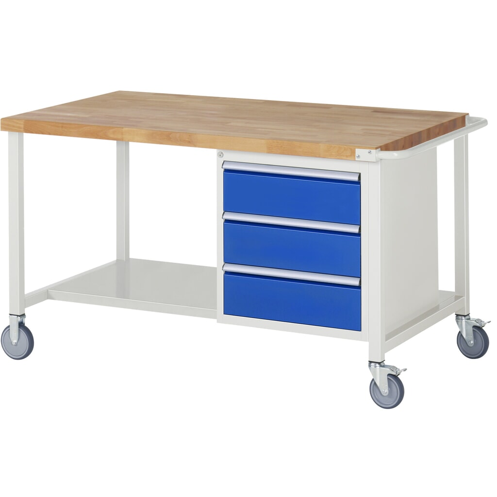 Produktabbildung: RAU mobile Werkbank Serie 8000, 1 Container, HxBxT 880 x 1.500 x 900 mm, 3 x 90%-Auszug-Schubladen, Breite 490 mm