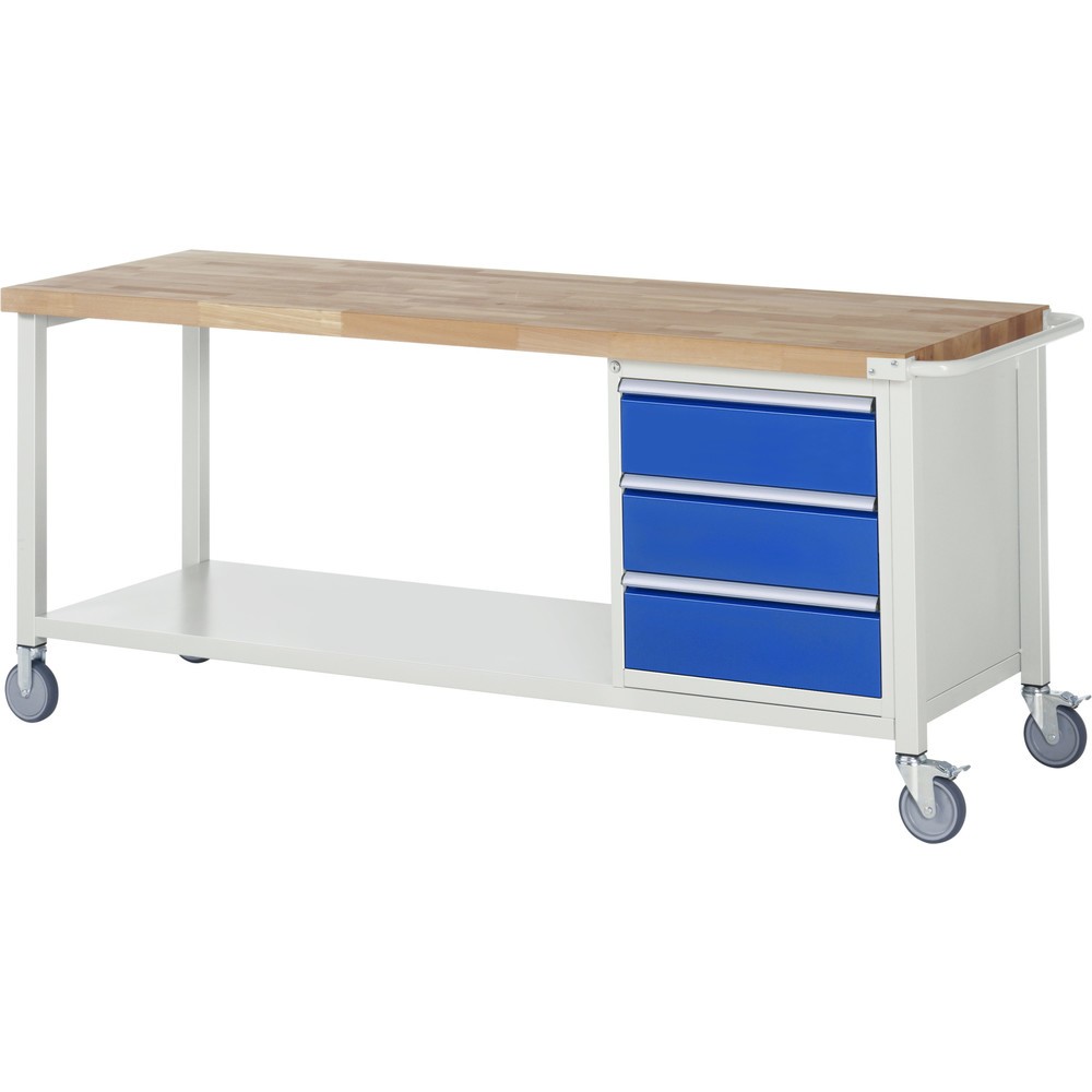 Produktabbildung: RAU mobile Werkbank Serie 8000, 1 Container, HxBxT 880 x 2.000 x 700 mm, 3 x 90%-Auszug-Schubladen, Breite 490 mm