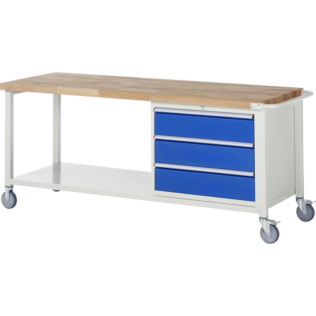 RAU mobile Werkbank Serie 8000, 1 Ablageboden, HxBxT 880-1.080 x 2.000 x 700 mm, 3 x 90%-Auszug-Schubladen, Breite 680 mm Produktabbildung: RAU mobile Werkbank Serie 8000, 1 Ablageboden, HxBxT 880-1.080 x 2.000 x 700 mm, 3 x 90%-Auszug-Schubladen, Breite 680 mm
