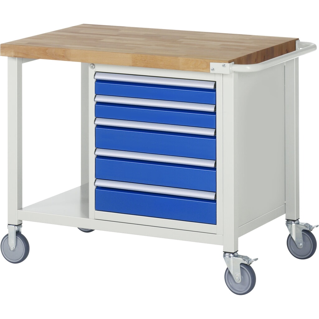RAU mobile Werkbank Serie 8000, 1 Ablageboden, HxBxT 880-1.080 x 1.000 x 700 mm, 5 x 100%-Auszug-Schubladen, Breite 490 mm Produktabbildung Nr. 1: RAU mobile Werkbank Serie 8000, 1 Ablageboden, HxBxT 880-1.080 x 1.000 x 700 mm, 5 x 100%-Auszug-Schubladen, Breite 490 mm