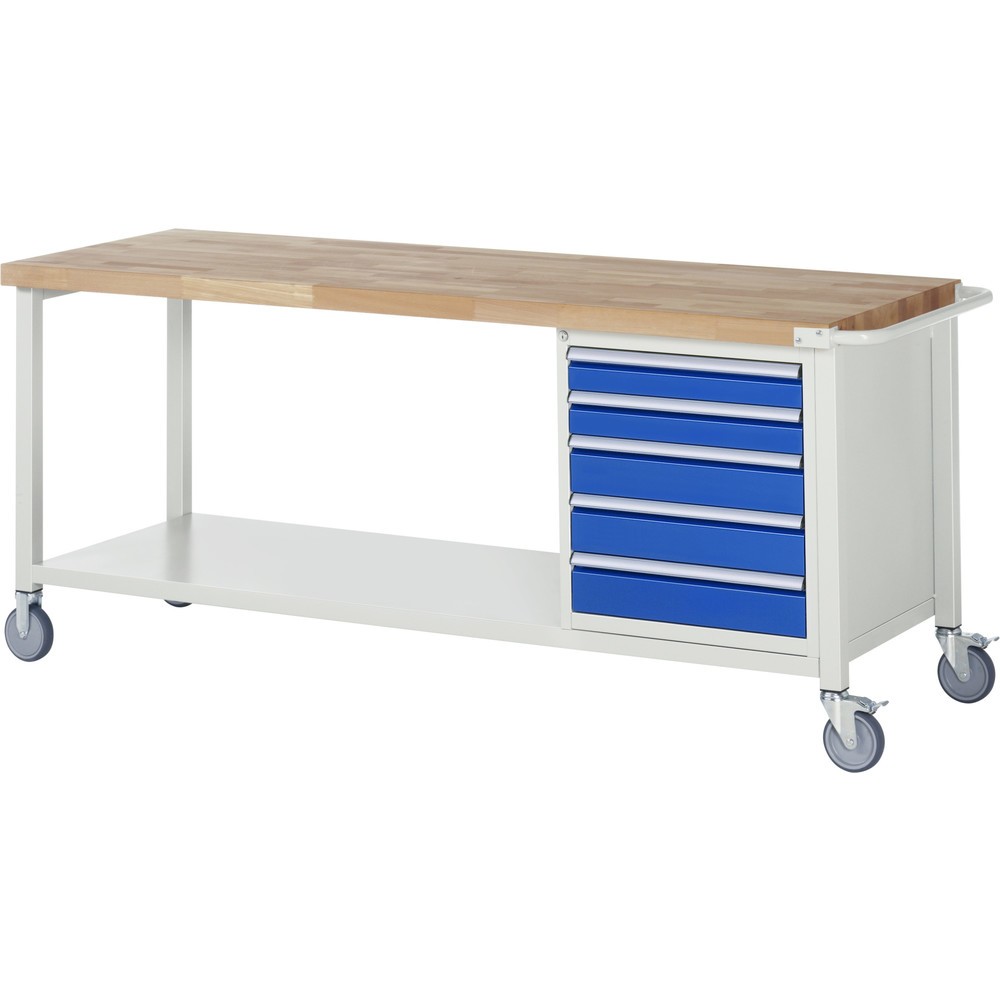 Produktabbildung: RAU mobile Werkbank Serie 8000, HxBxT 880 x 2.000 x 700 mm, 1 Container, 5 x 90%-Auszug-Schubladen, Breite 490 mm