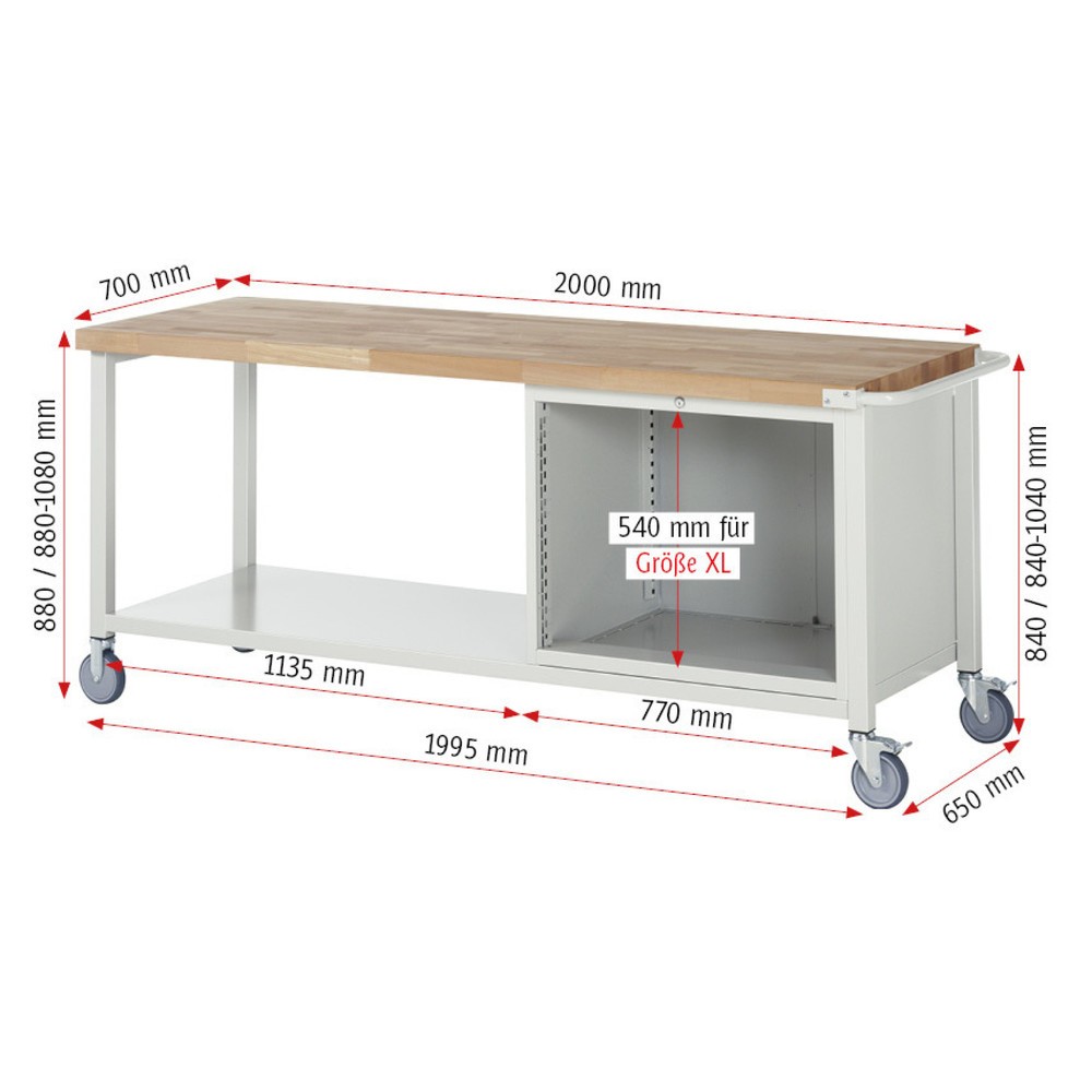 Produktabbildung Nr. 4: RAU mobile Werkbank Serie 8000, 1 Ablageboden, HxBxT 880-1.080 x 2.000 x 700 mm, 5 x 100%-Auszug-Schubladen, Breite 680 mm