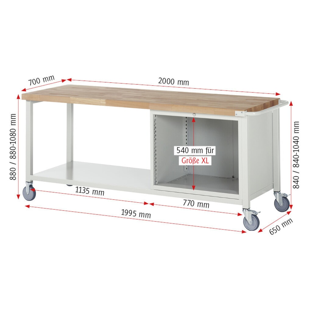 Produktabbildung Nr. 7: RAU mobile Werkbank Serie 8000, 1 Ablageboden, HxBxT 880-1.080 x 2.000 x 700 mm, 3 x 90%-Auszug-Schubladen, Breite 680 mm