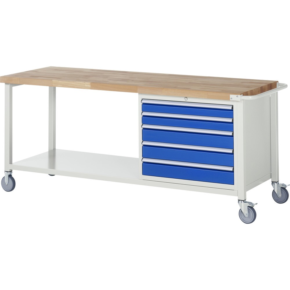 Produktabbildung Nr. 1: RAU mobile Werkbank Serie 8000, 1 Ablageboden, HxBxT 880-1.080 x 2.000 x 700 mm, 5 x 100%-Auszug-Schubladen, Breite 680 mm