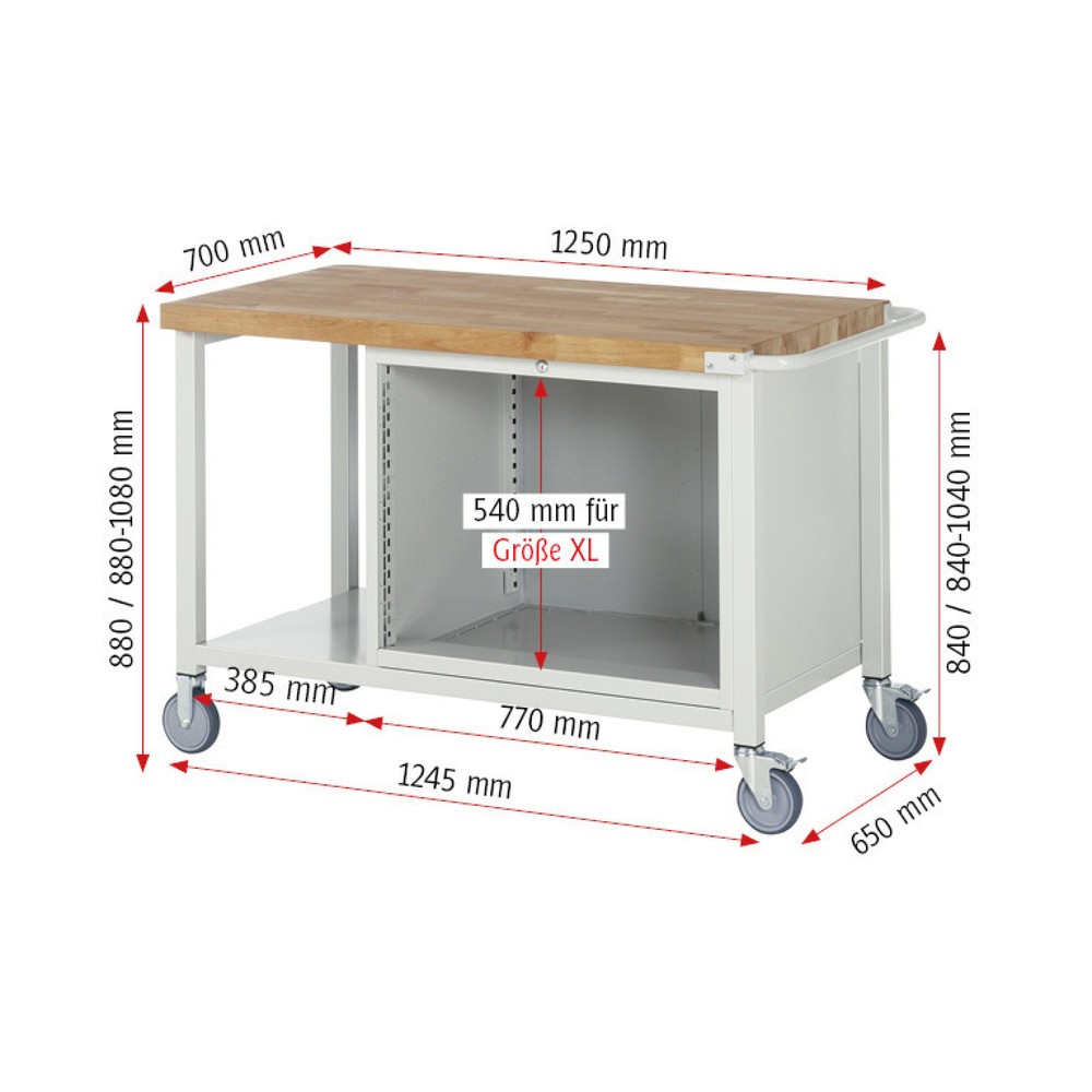 Produktabbildung Nr. 4: RAU mobile Werkbank Serie 8000, 1 Ablageboden, HxBxT 880-1.080 x 1.250 x 700 mm, 2 x 100%-Auszug-Schubladen