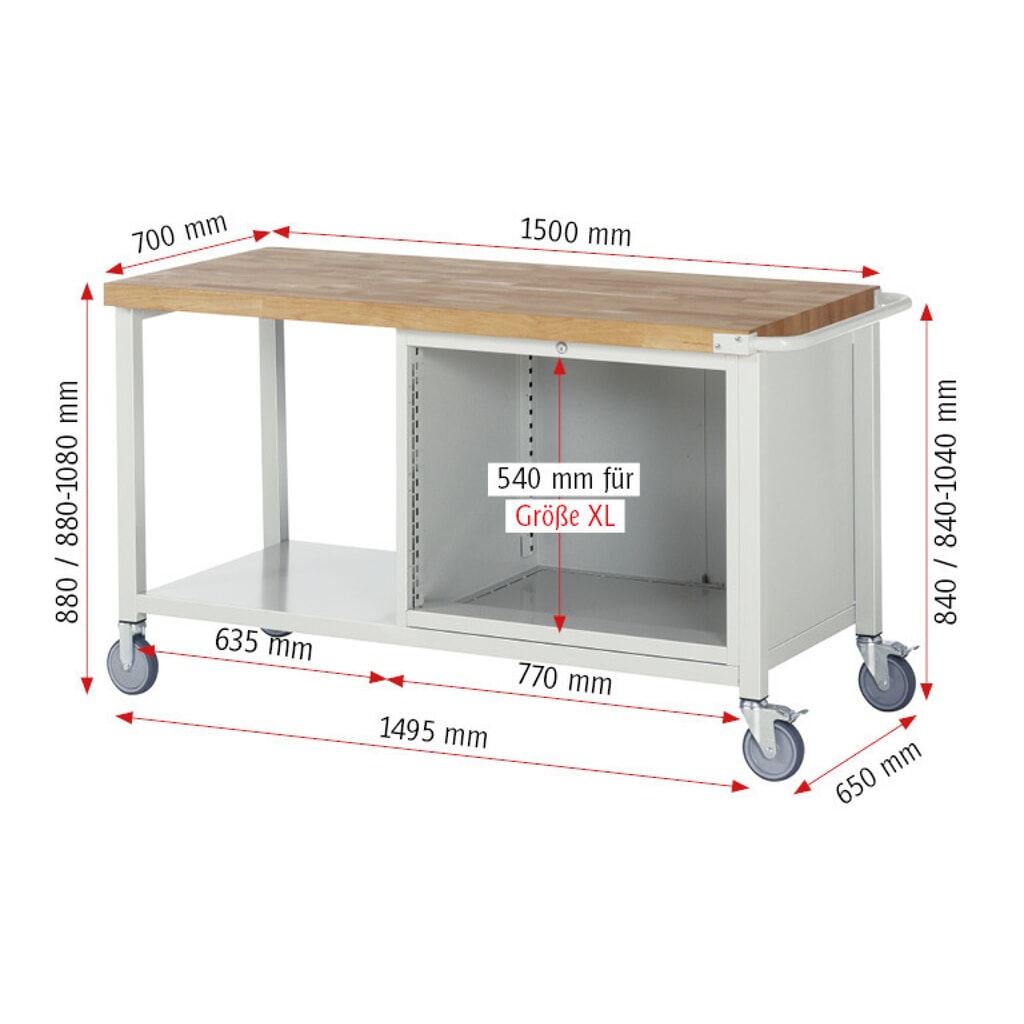 Produktabbildung Nr. 7: RAU mobile Werkbank Serie 8000, 1 Ablageboden, HxBxT 880-1.080 x 1.500 x 700 mm, 3 x 90%-Auszug-Schubladen, Breite 680 mm