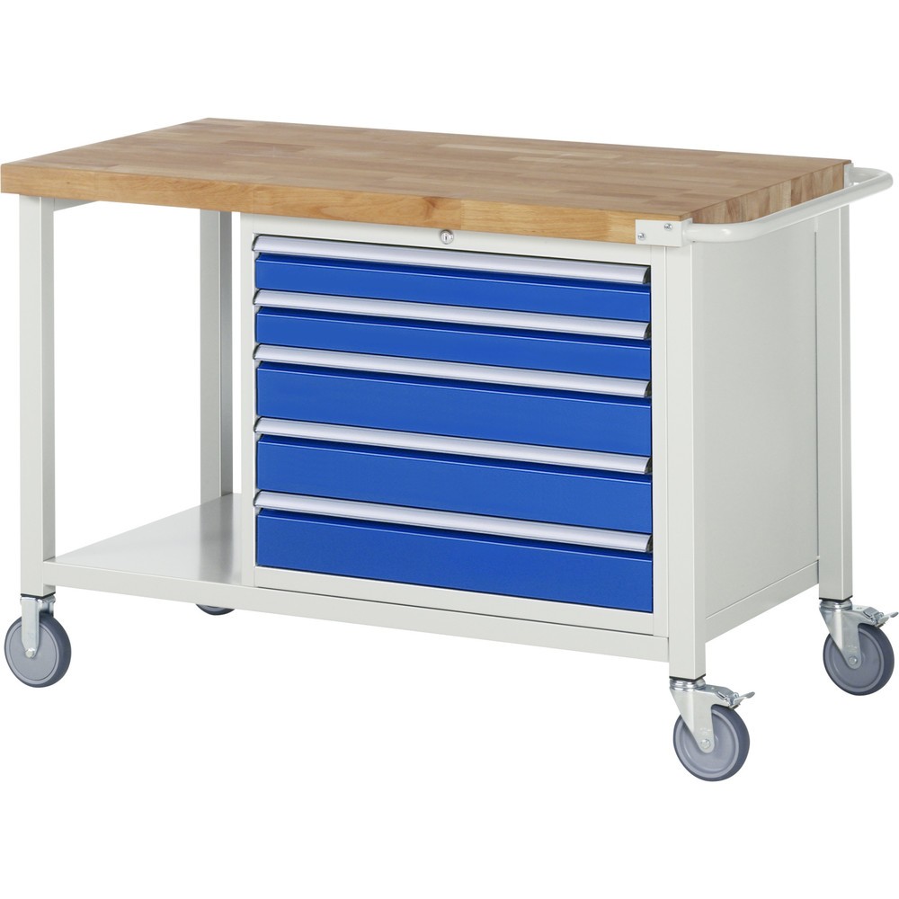Produktabbildung Nr. 1: RAU mobile Werkbank Serie 8000, 1 Ablageboden, HxBxT 880-1.080 x 1.250 x 700 mm, 5 x 90%-Auszug-Schubladen, Breite 680 mm