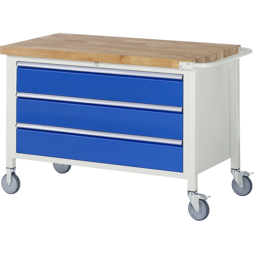Produktabbildung: RAU mobile Werkbank Serie 8000, HxBxT 880-1.080 x 1.250 x 700 mm, 1 Container, 3 x 100%-Auszug-Schubladen, Breite 1.055 mm