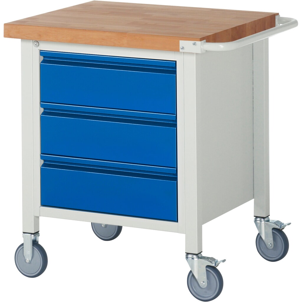 RAU mobile Werkbank Serie 8000, 1 Container, HxBxT 880 x 750 x 700 mm, 3 Schubladen, integrierte Griffleiste Produktabbildung: RAU mobile Werkbank Serie 8000, 1 Container, HxBxT 880 x 750 x 700 mm, 3 Schubladen, integrierte Griffleiste