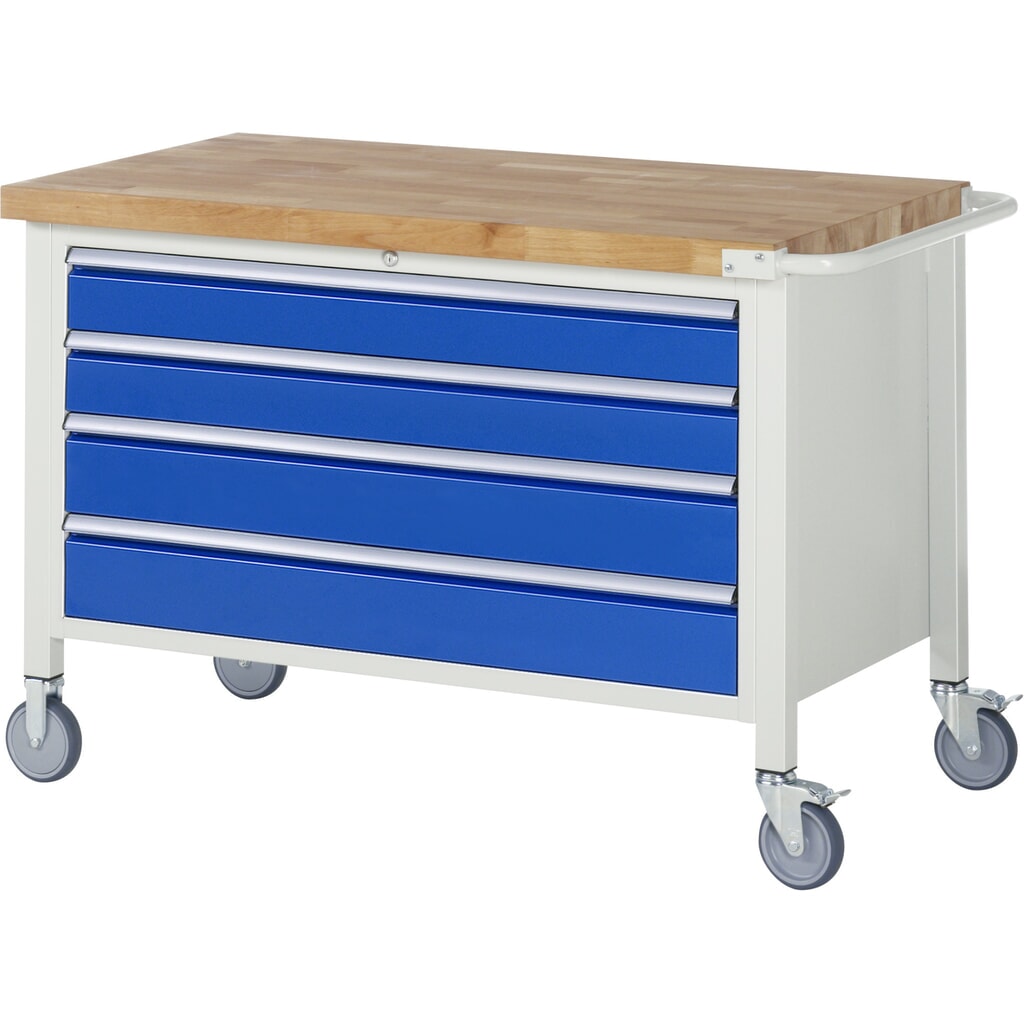 RAU mobile Werkbank Serie 8000, 1 Container, HxBxT 880-1.080 x 1.250 x 700 mm, 4 x 100%-Auszug-Schubladen, Breite 1.055 mm Produktabbildung: RAU mobile Werkbank Serie 8000, 1 Container, HxBxT 880-1.080 x 1.250 x 700 mm, 4 x 100%-Auszug-Schubladen, Breite 1.055 mm