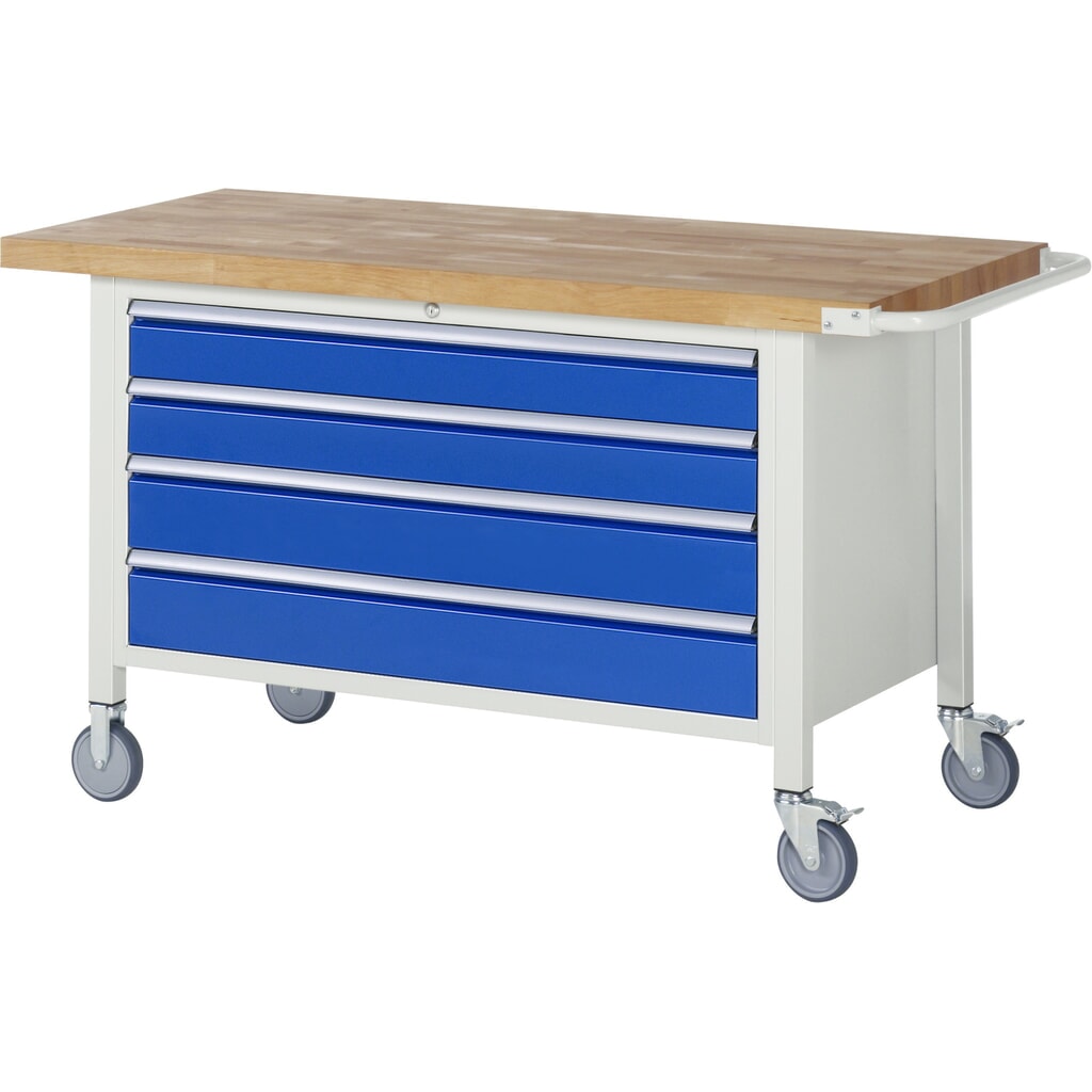 RAU mobile Werkbank Serie 8000, 1 Container, HxBxT 880-1.080 x 1.500 x 700 mm, 4 x 90%-Auszug-Schubladen, Breite 1.055 mm Produktabbildung: RAU mobile Werkbank Serie 8000, 1 Container, HxBxT 880-1.080 x 1.500 x 700 mm, 4 x 90%-Auszug-Schubladen, Breite 1.055 mm