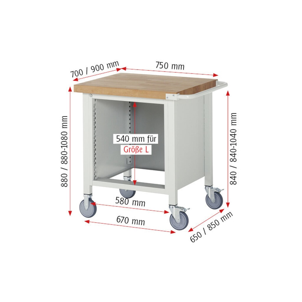 Produktabbildung Nr. 8: RAU mobile Werkbank Serie 8000, 1 Container, HxBxT 880-1.080 x 750 x 700 mm, 4 x 90%-Auszug-Schubladen, Breite 490 mm