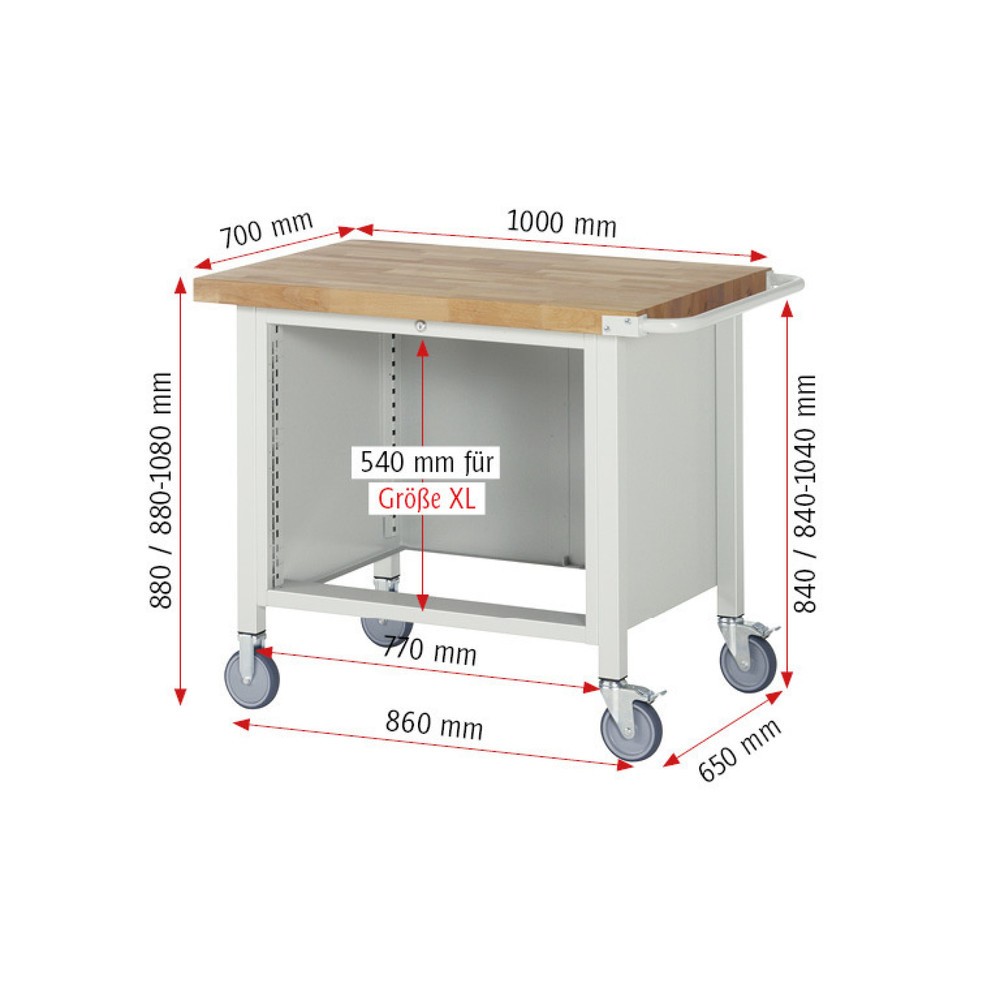 Produktabbildung Nr. 5: RAU mobile Werkbank Serie 8000, HxBxT 880-1.080 x 1.000 x 700 mm, 2 x 100%-Auszug-Schubladen, Breite 680 mm