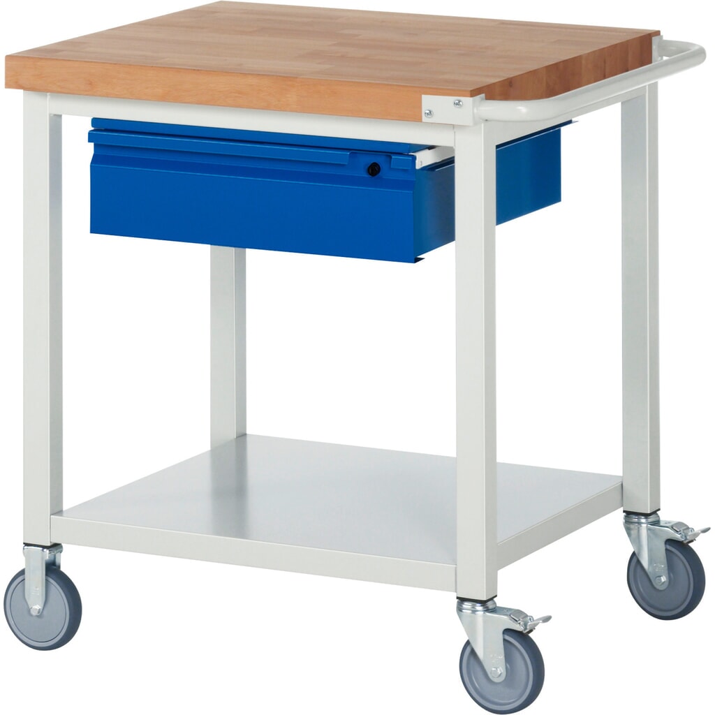 RAU mobile Werkbank Serie 8000, Buche-Massiv-Arbeitsplatte, Stärke 40 mm, HxBxT 880 x 750 x 700 mm, 1 Schublade, 1 Ablageboden Produktabbildung: RAU mobile Werkbank Serie 8000, Buche-Massiv-Arbeitsplatte, Stärke 40 mm, HxBxT 880 x 750 x 700 mm, 1 Schublade, 1 Ablageboden