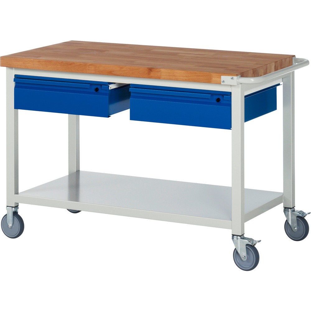 Produktabbildung Nr. 1: RAU mobile Werkbank Serie 8000, Buche-Massiv-Arbeitsplatte, Stärke 40 mm, HxBxT 880 x 1.250 x 700 mm, 2 Schubladen, 1 Ablageboden