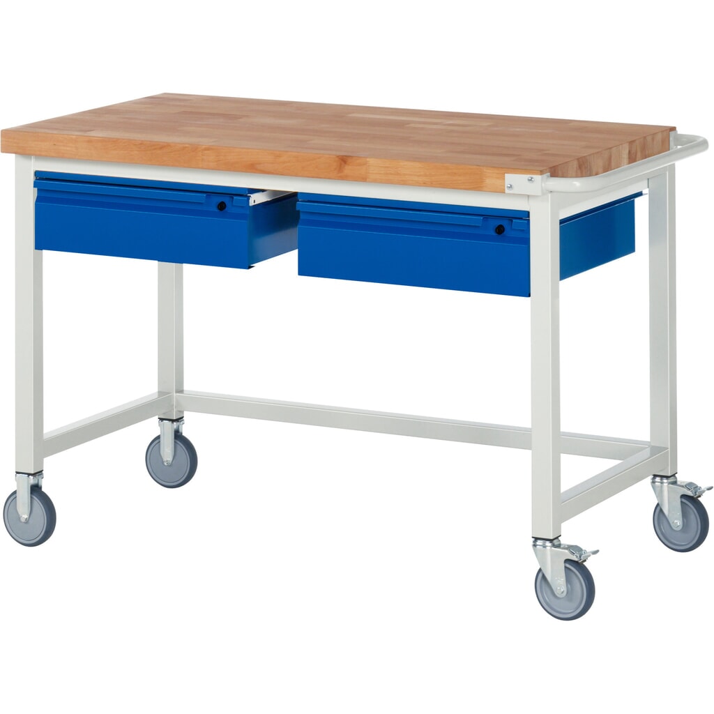 RAU mobile Werkbank Serie 8000, Buche-Massiv-Arbeitsplatte, Stärke 40 mm, HxBxT 880 x 1.250 x 700 mm, 2 Schubladen Produktabbildung: RAU mobile Werkbank Serie 8000, Buche-Massiv-Arbeitsplatte, Stärke 40 mm, HxBxT 880 x 1.250 x 700 mm, 2 Schubladen