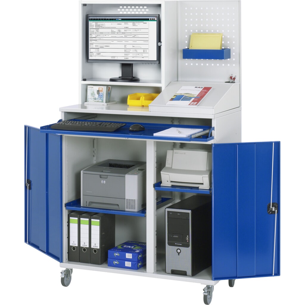 RAU mobiler Computer-Schrank, Monitorgehäuse, Tastaturauszug, Doppel-Flügeltür, Lochplattenrückwand, Schubladenanzahl x H x B: 1 x 80 x 1.020 mm Produktabbildung Nr. 2: RAU mobiler Computer-Schrank, Monitorgehäuse, Tastaturauszug, Doppel-Flügeltür, Lochplattenrückwand, Schubladenanzahl x H x B: 1 x 80 x 1.020 mm