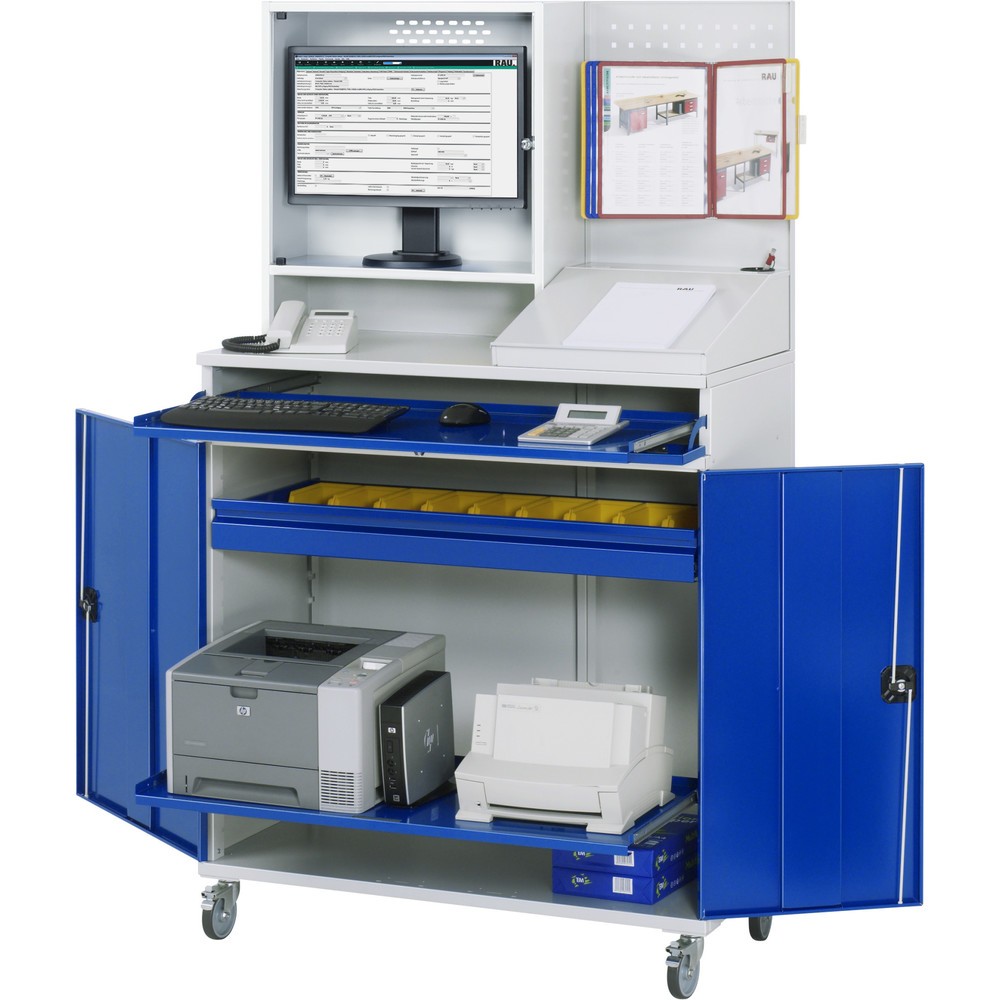 Produktabbildung Nr. 1: RAU mobiler Computer-Schrank, Monitorgehäuse, Tastaturauszug, Doppel-Flügeltür, Lochplattenrückwand, Schubladenanzahl x H x B: 1 x 80 x 1.020 mm