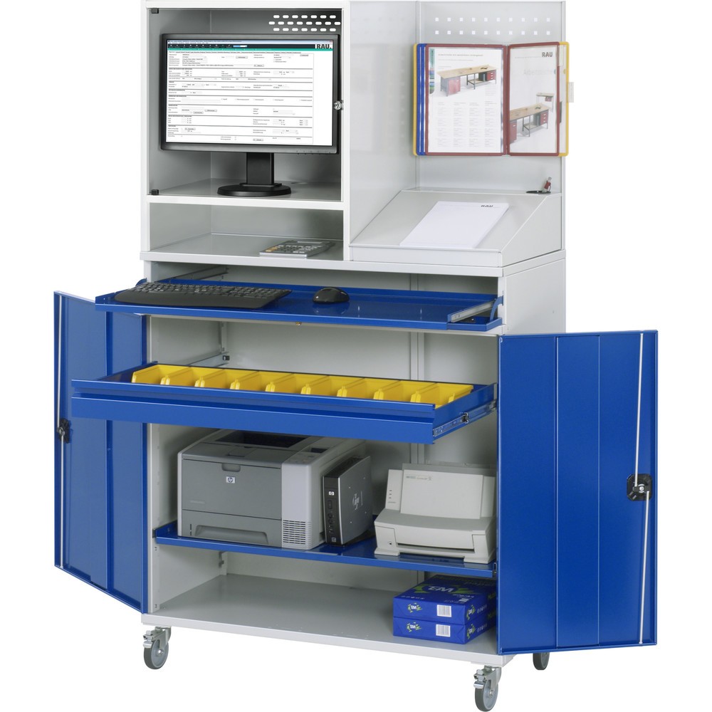 Produktabbildung: RAU mobiler Computer-Schrank, Monitorgehäuse, Tastaturauszug, Doppel-Flügeltür, Lochplattenrückwand, Schubladenanzahl x H x B: 1 x 80 x 1.020 mm