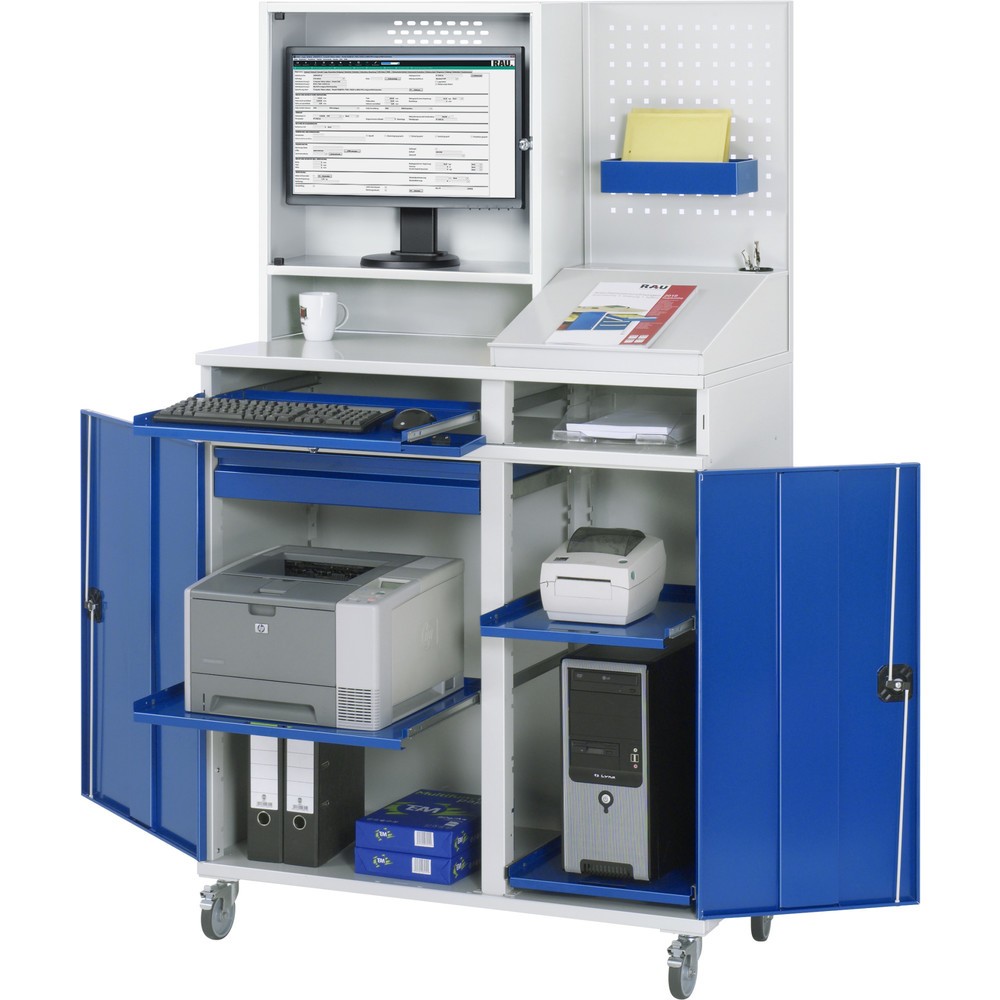 Produktabbildung: RAU mobiler Computer-Schrank, Monitorgehäuse, Tastaturauszug, Doppel-Flügeltür, Lochplattenrückwand, Schubladenanzahl x H x B: 1 x 80 x 650 mm