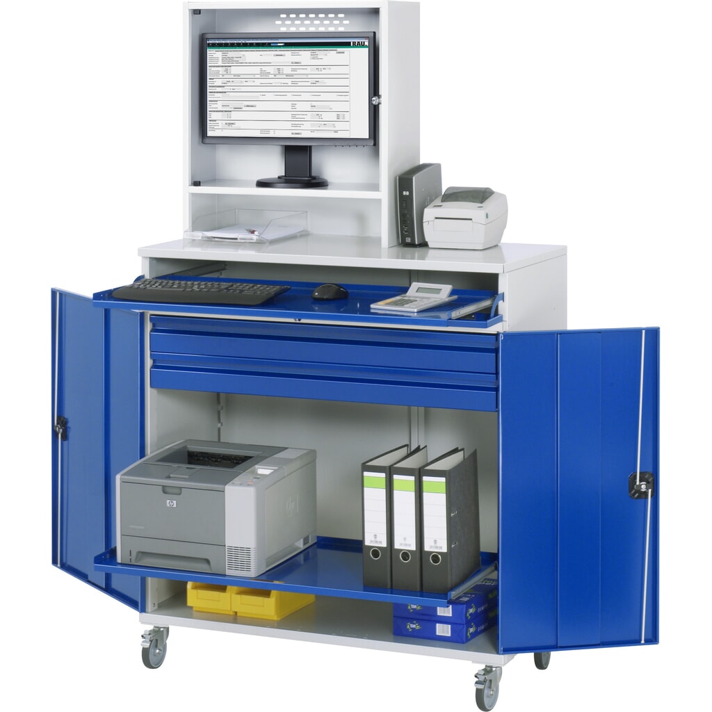 RAU mobiler Computer-Schrank, Monitorgehäuse, Tastaturauszug, Doppel-Flügeltür, Schubladenanzahl x H x B: 2 x 80 x 1.020 mm Produktabbildung: RAU mobiler Computer-Schrank, Monitorgehäuse, Tastaturauszug, Doppel-Flügeltür, Schubladenanzahl x H x B: 2 x 80 x 1.020 mm