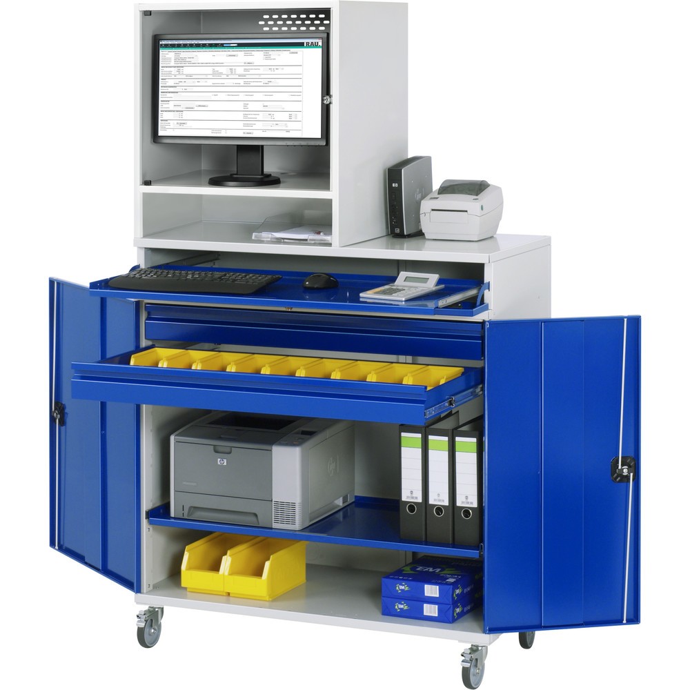 Produktabbildung: RAU mobiler Computer-Schrank, Monitorgehäuse, Tastaturauszug, Doppel-Flügeltür, Schubladenanzahl x H x B: 2 x 80 x 1.020 mm