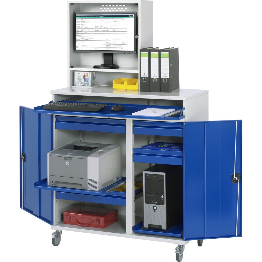 Produktabbildung: RAU mobiler Computer-Schrank, Monitorgehäuse, Tastaturauszug, Doppel-Flügeltür, Schubladenanzahl x H x B: 4 x 80 x 450-650 mm