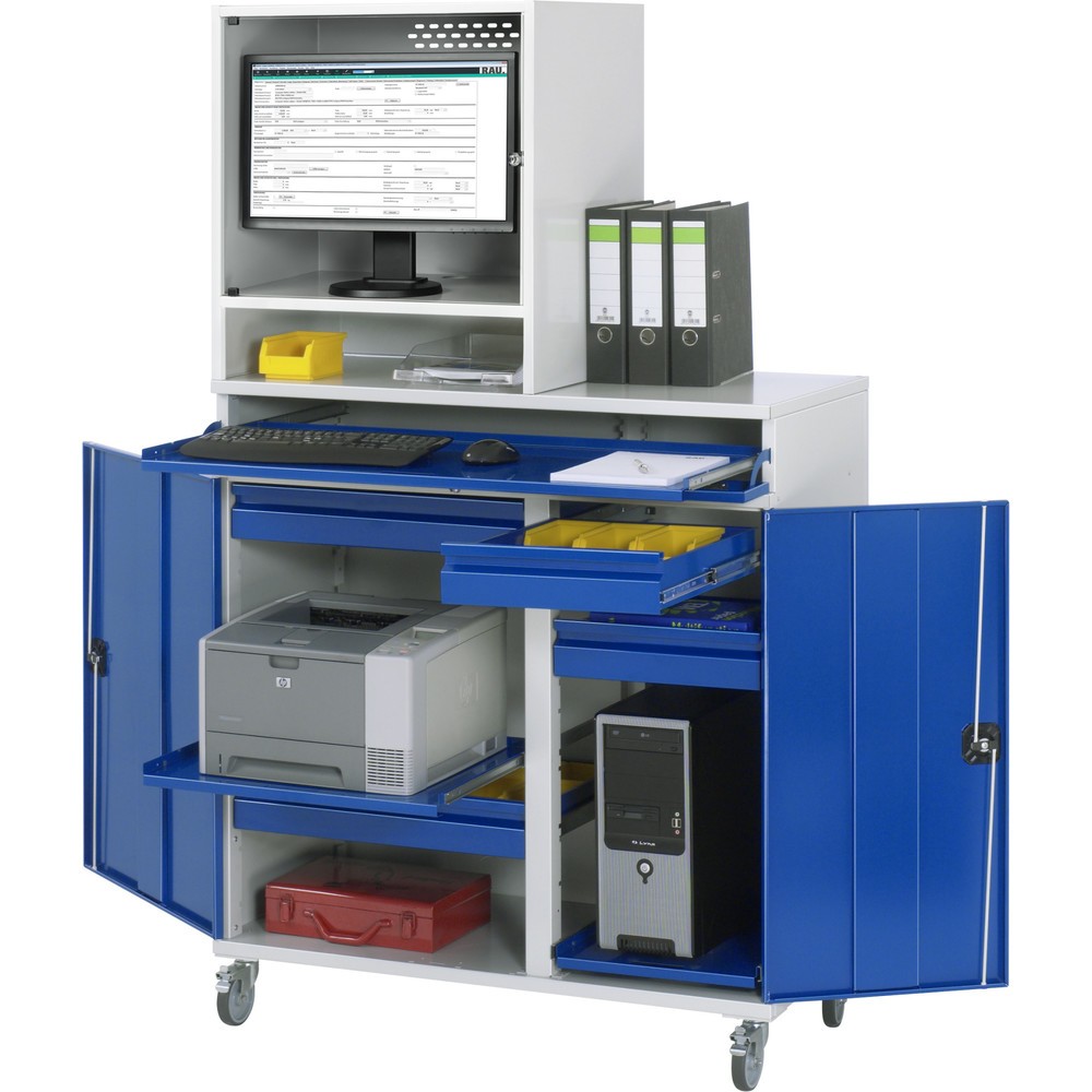 Produktabbildung: RAU mobiler Computer-Schrank, Monitorgehäuse, Tastaturauszug, Doppel-Flügeltür, Schubladenanzahl x H x B: 4 x 80 x 450-650 mm